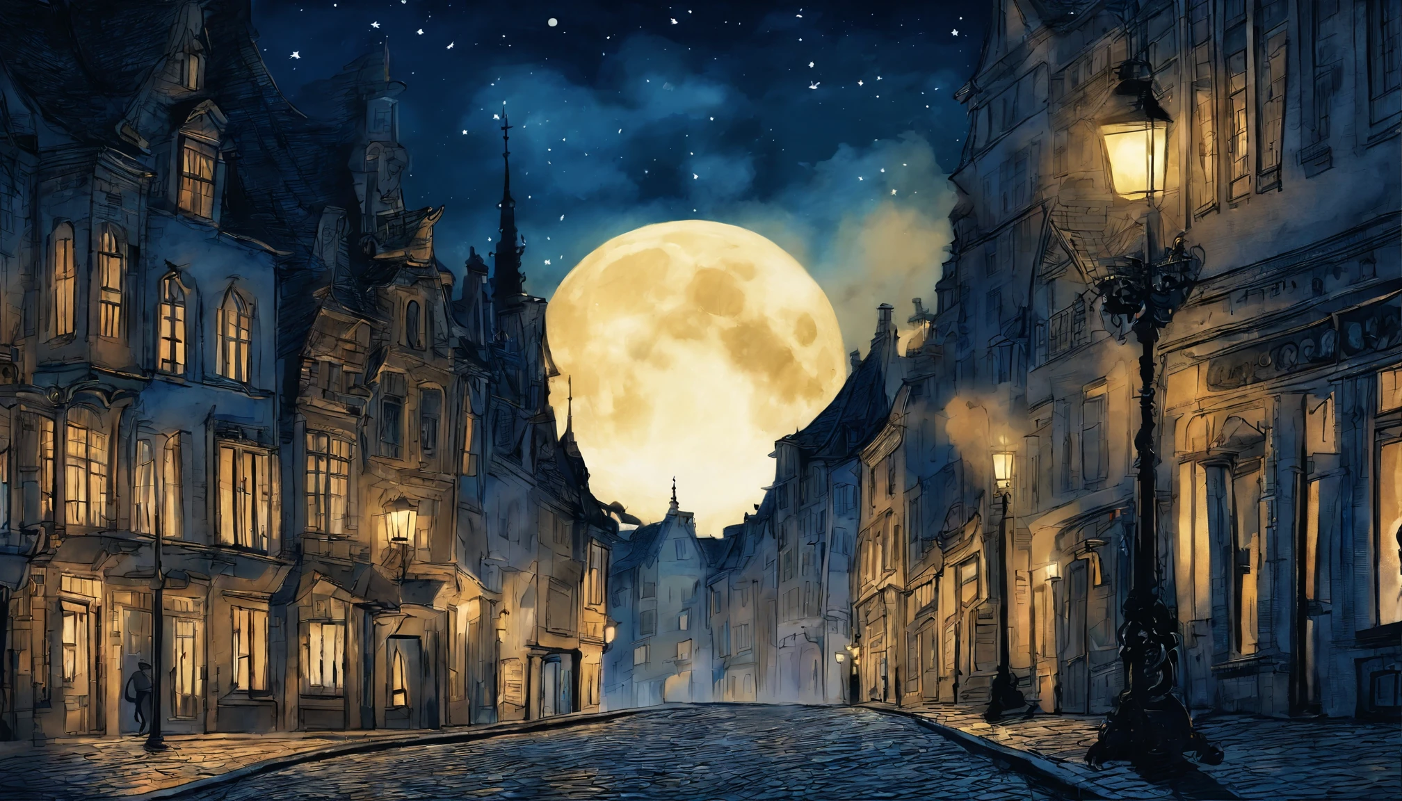 Moonlight illuminates the street corner of 2a.M. of brussels、A black shadow appears in the city　Pale watercolor style　fantastic big full moon　Except for the faint light of the streetlights、No light　Picture book illustrations　The overall color is dark blue.　Fantastic atmosphere