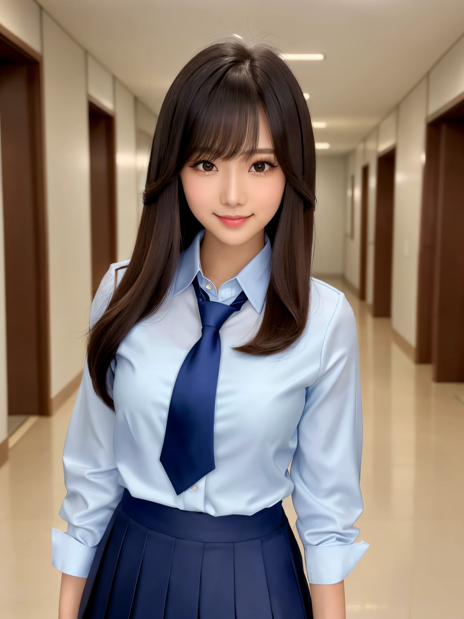 product quality, 1girl, upperbody shot, front view, a Japanese young pretty woman, long bob hair, standing on a corridor with a big smile in a high school, holding textbooks in her both hands, glamorous figure, wearing a dark blue blazer over a white collared shirt、wearing a shiny satin dark blue plain long tie, wearing a dark blue pleated skirt, hyper cute face, glossy lips, double eyelids in both eyes, natural makeup, long eyelashes, shiny smooth light brown long bob hair, asymmetrical bangs, skin tanned, central image, high resolution, high detailing, detailed hairstyle, detailed face, spectacular movie lighting, octane rendering, vibrant, hyper realistic, perfect limbs, perfect anatomy