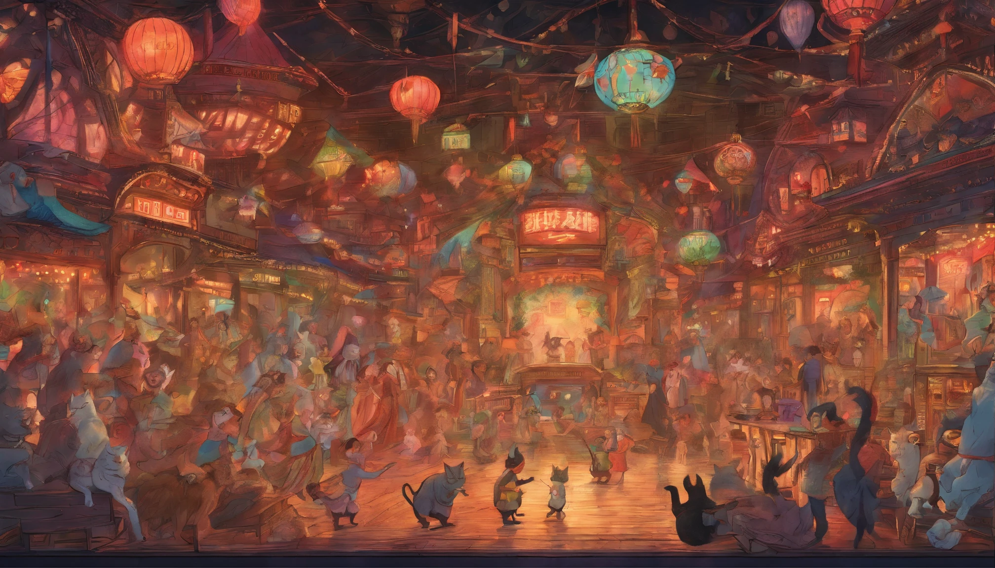 Picture book illustrations At a venue with glittering neon lights like Chinatown, 50 cats standing on two legs、dance.、Drinking beer、uproar The cat's face is clear