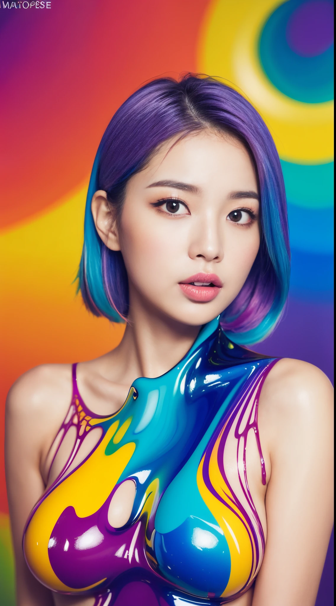 ((best quality, 8K, masterpiece:1.3, 1 girl, beautiful girl)), high resolution, Lovely, vitality, Delicate face, Delicate skin, Delicate eyes, Delicate lips, Reality, RAW photos, Natural Lighting, Perfect anatomical structure, Dynamic poses, Tight legs, Double eyelids, Tear bags, Round eyes, Moisturizes lips, (colorful body, Colored fluid on the body:1.2), Colorful hair, Rainbow hair, Colored background, Japanese Girls, Looking at the audience, Bare shoulders, Cowboy shooting, Sweating, Smile, Liquid Art, Cum on breasts, Urinating, Firm abdomen, open mouth, Half closed eyes, Nipple shape, Side Breast, , Grin, Raise your hand