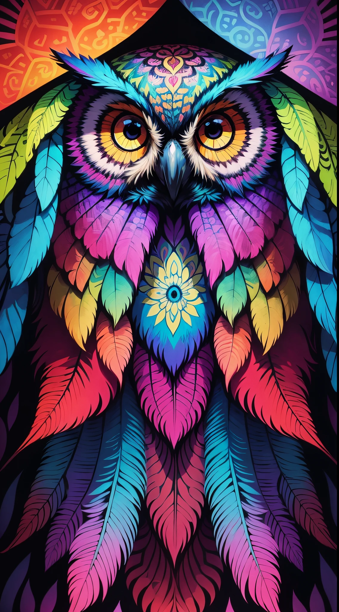 Featuring a captivating and vibrant psychedelic owl painting. The art of the owl is exquisitely designed with vivid colors, intricate patterns and mesmerizing details. The painting is leaning against the back of the room, creating a dynamic and casual display. The combination of the psychedelic art of the owl adds a touch of artistic fascination to any space.
