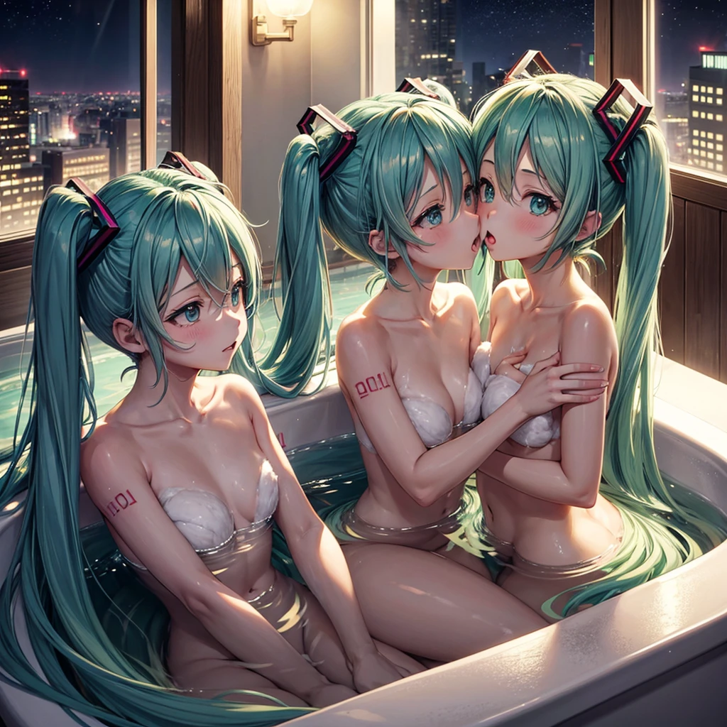 2 girls, (Hatsune Miku), (Kagamine Rin), cute, naked, (curvy body:0.5), (plump body:0.5), small breasts, long hair, kiss, taking a bath, square bathtub, night view outside window, buildings outside window