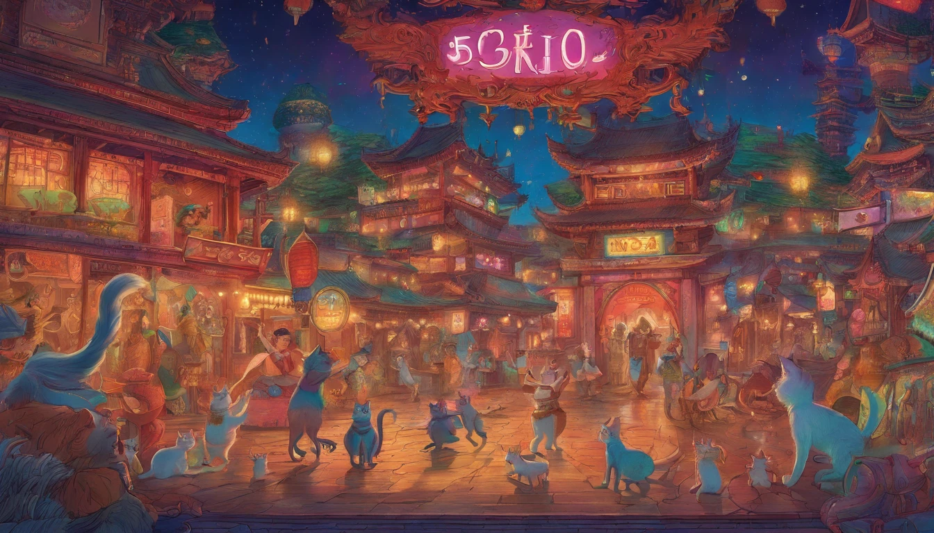 Picture book illustrations At a neon-lit venue reminiscent of Chinatown, 50 cats standing on two legs、dance.、Drinking beer、uproar Cats'the face is clear