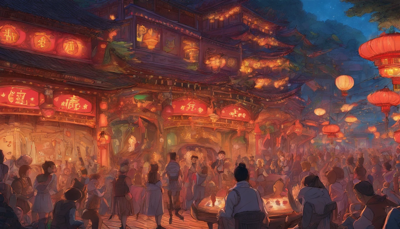 Picture book illustrations At a neon-lit venue reminiscent of Chinatown, 50 cats standing on two legs、dance.、Drinking beer、uproar Cats'the face is clear
