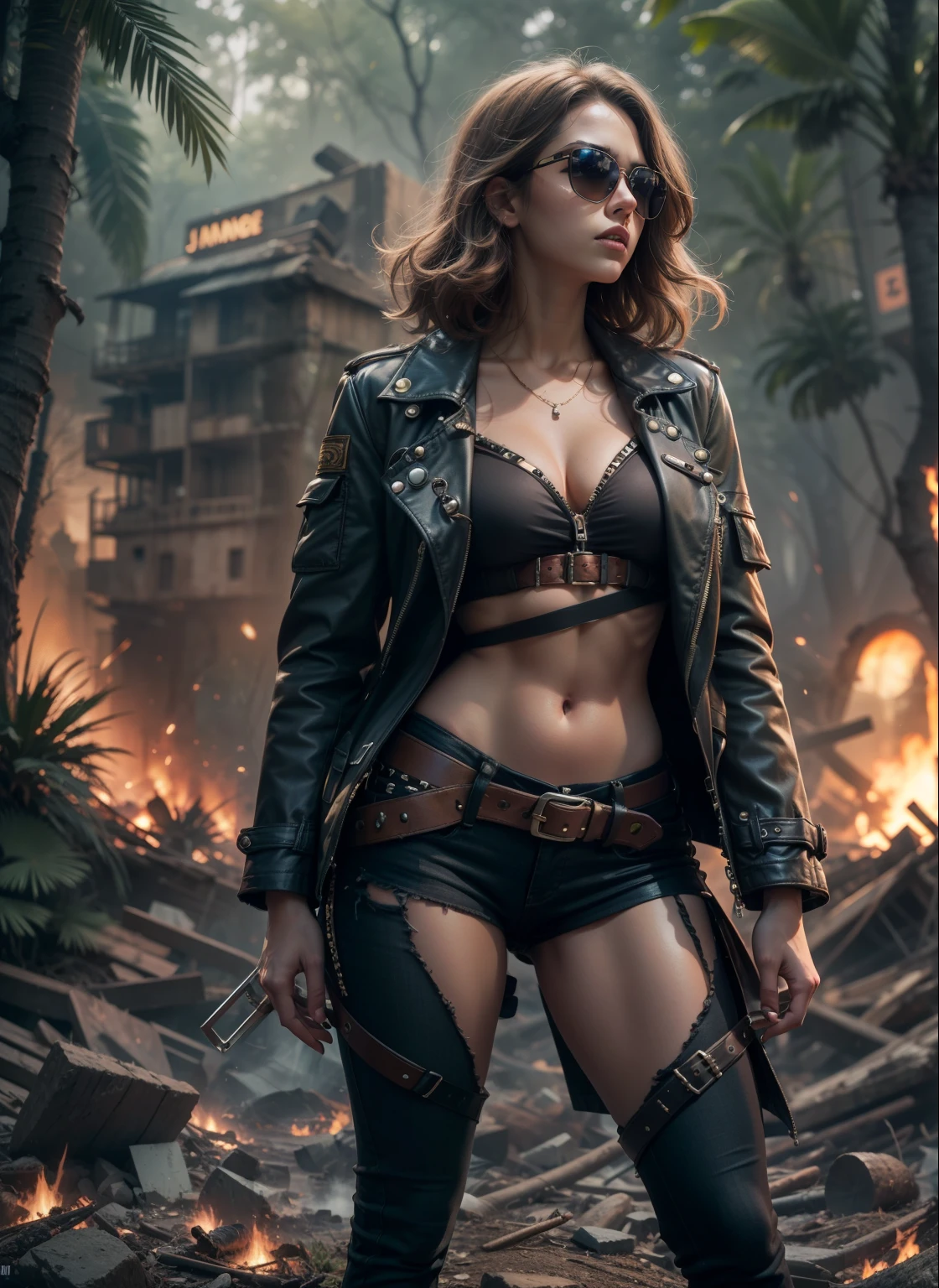 at night, fountain of youth, mystery cave, underground. (((1girl, solo, alone))), large-breast:1.2 slim:0.6 body, slim face, cleavage:1.1, sexy lingerie with jacket, (black sunglasses), (((holding a pistol))), standing pose, (half-body thigh:1.1 level medium shot), mysterious fog, cinematic lighting, ray tracing.