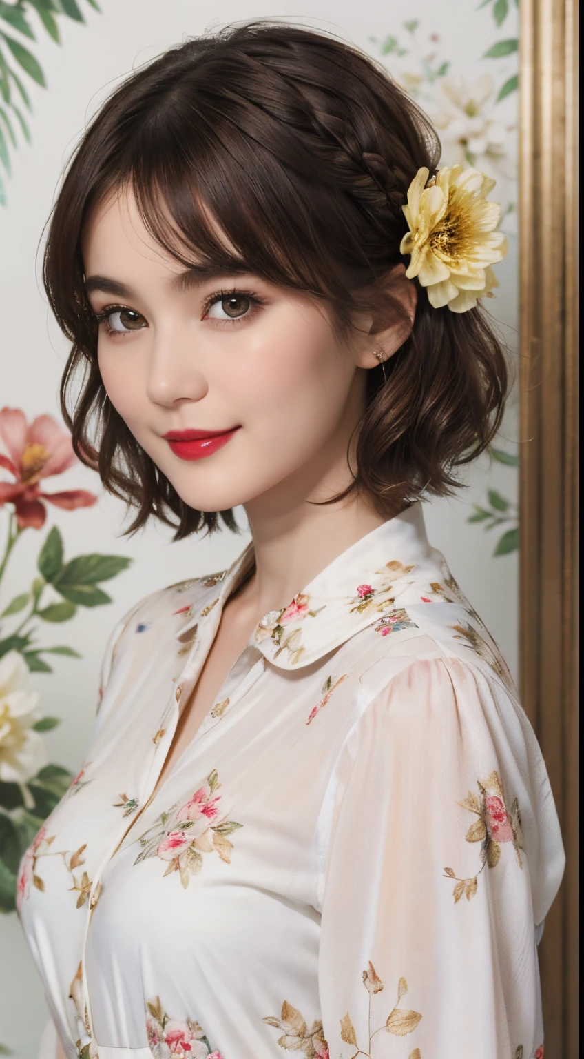 109
(a 20 yo woman,is standing), (A hyper-realistic), (high-level image quality), ((beautiful hairstyle 46)), ((short-hair)), (Gentle smile), (Keep your mouth shut), (lipsticks), (brest:1.1), Floral clothing