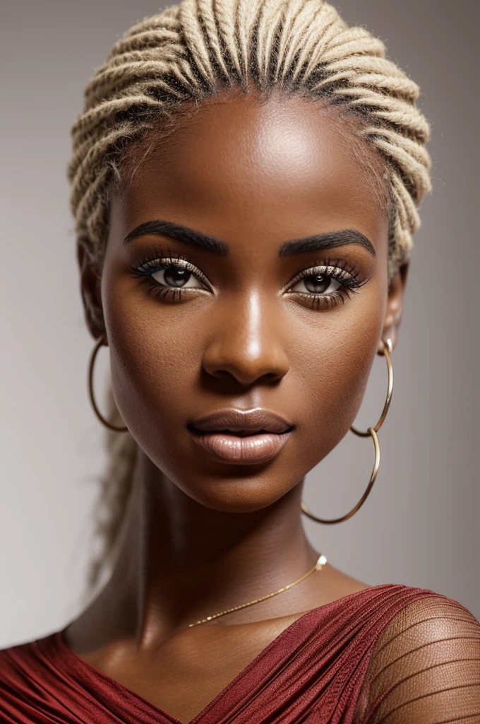 naked sexy woman with big tits, blonde hair tied up with a ponytail, dark skin, slit eyes, thick lips, small nose