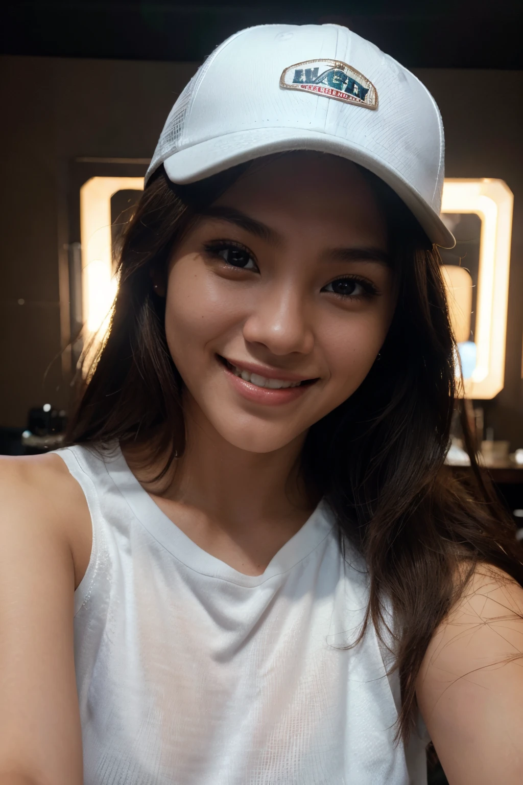 Photorealistic, Best Quality, Hyper Detailed, Beautiful woman, selfie photo, Upper body, Solo, wearing white shirt, wearing white trucker cap, ecommerce, (dark background), (Outstanding smile、A brown-haired、18 years old、Cheerful, Happy), flash lights, dark background, analog style, Looking at Viewer, Skin Texture, Film grain, close up, 超A high resolution, Best Shadow, raw, Instagram LUT, Pinay, Filipina woman, smiling