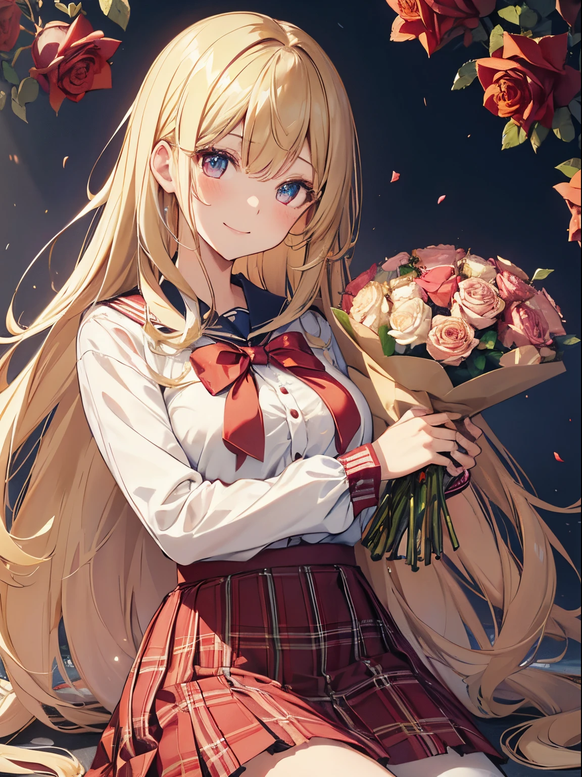 ((A bouquet of roses in both hands)), Large bouquet、masutepiece, of the highest quality, , 1girl in, Solo,front facing:1.5),rose petal background、Present a bouquet of roses to the viewer、 Cute delicate eyes,School uniform,、huge smile、(((,Hair color is blonde))), Colossal tits、large full breasts、Looks like it's going to tear、A smile、BREAK , Red checked skirt,high-school uniform、a sailor suit、Long hair, Long sleeves,, plaid skirts,8K, tre anatomically correct、