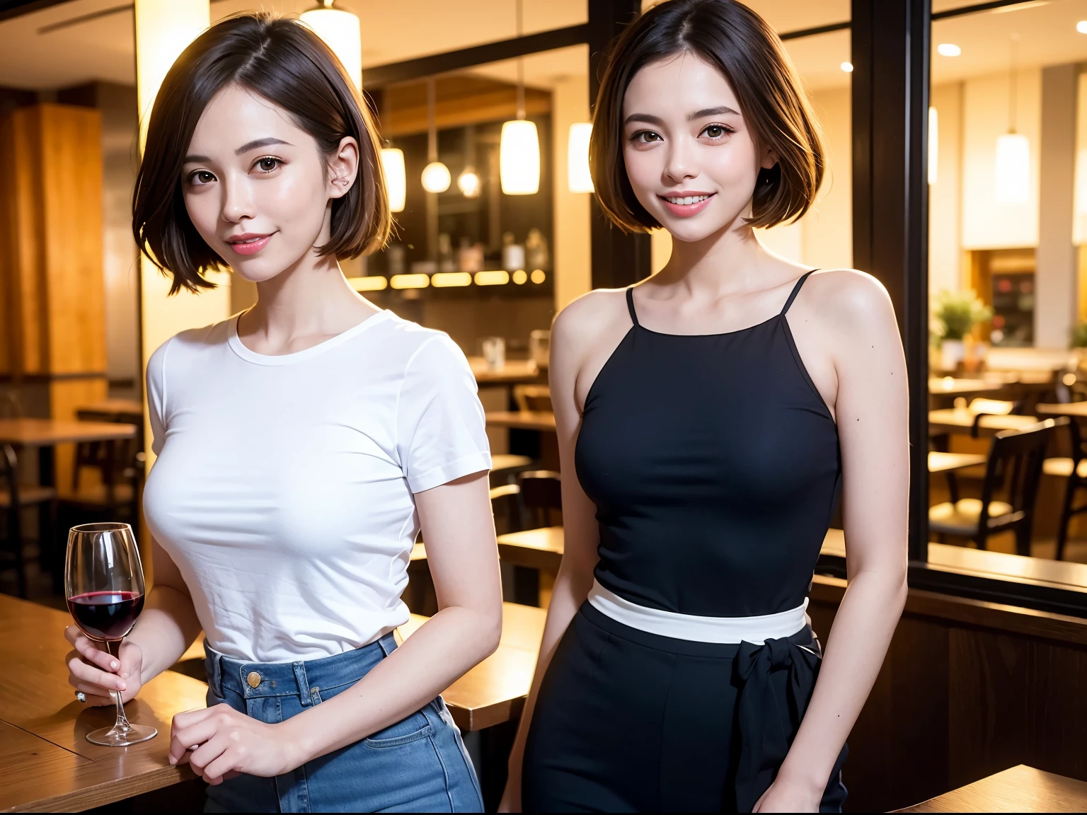 (64K, UHD, top quality, masterpiece: 1.2), (realistic, photorealistic: 1.37), super detailed, pretty woman 1 person, (slim face), (slim body), (brown hair), (short cut), cheeks slightly blushing, (35 years old), 38 years old, solo, beautiful detailed urban night view outside the window, restaurant, wine glasses sit, at night, in a prominent place (from the waist up) NovaFrogStyle, Actress, Model, Waist Up, White Wine, Slim, Wine Glass, Super Clean Night View, Wine Glass Put in the Middle, Happy Smile, (Smile: 1.15), Beautiful Fine Eyes, Upper Body, Bust Japan Up, Night, Short, Short, Actress, Model, Waist Up, White Wine, Slim, Wine Glass, Super Clean Night View, Wine Glass Put in the Middle, Happy Smile,