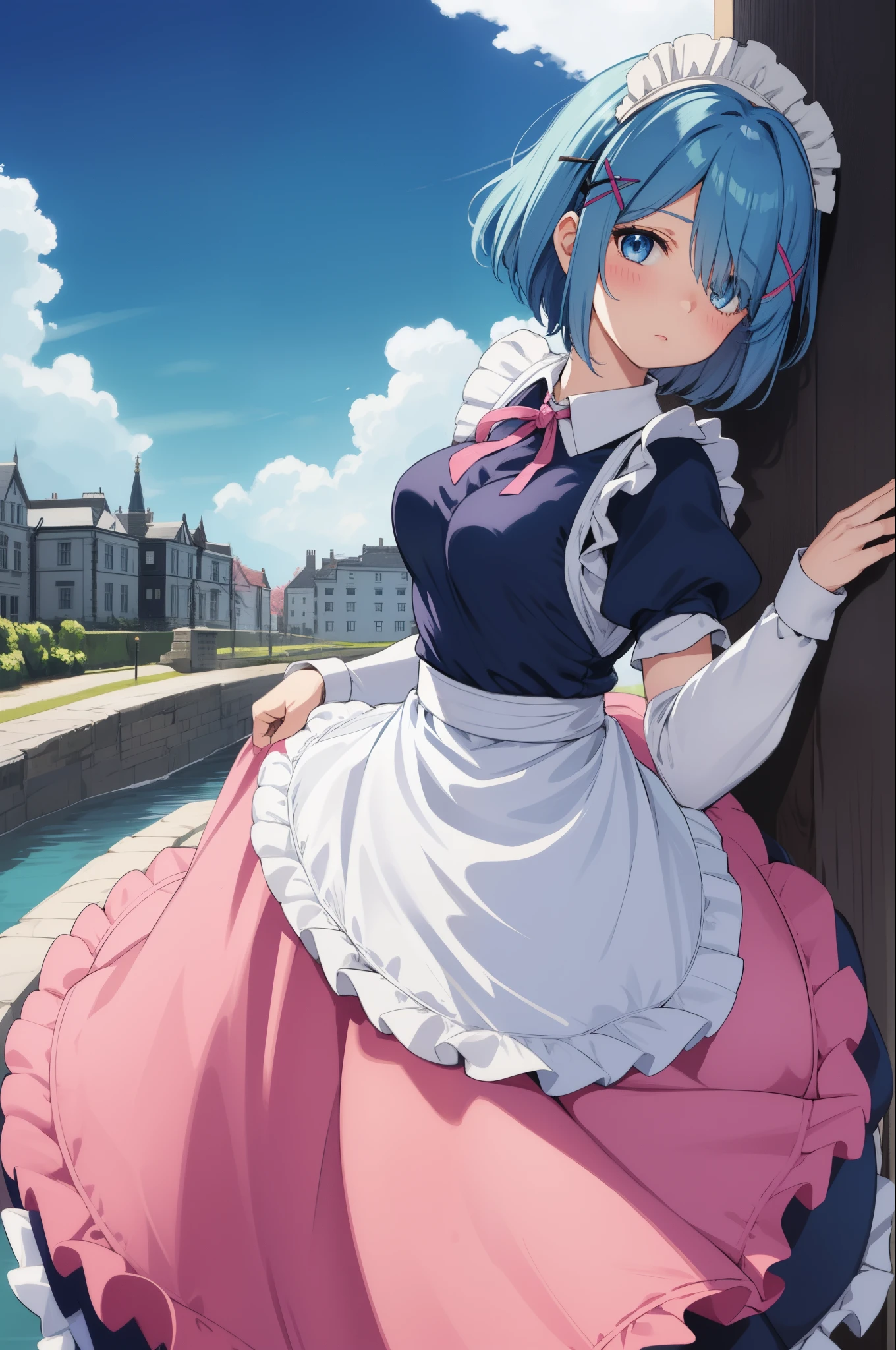 1girl, solo, breasts, looking at viewer, blush, short hair, blue eyes, hair ornament, dress, ribbon, medium breasts, blue hair, hair ribbon, outdoors, detached sleeves, sky, day, hair over one eye, apron, blue sky, maid, maid headdress, x hair ornament, pink ribbon, roswaal mansion maid uniform