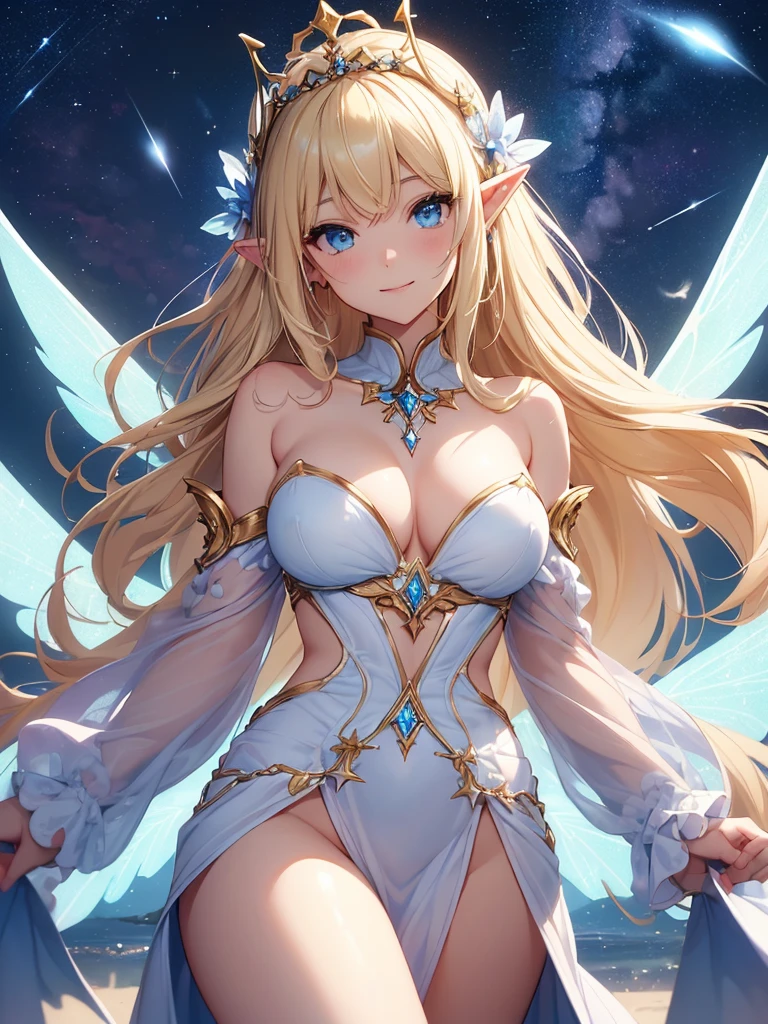 top-quality、Top image quality、masterpiece、Full body naked girl((20yr old、Best Bust、big bast、Bust 90,Beautiful blue eyes、,Blonde long hair、A slender、Fairy feathers、flying though the air、a closeup、Esbian、Floating in the light、beautiful tiara、hiquality、Beautiful Art、Background with((starrysky)))masutepiece、visualart、depth of fields、sky at night、low angles、、Elven ears、、light magic、kosmos、mid night、harp melody🎵、Fun Concerts、Happy smile、Gentle light、Emitting a magical light、、Beautiful skins、beutiful breast、beautiful foot、welcome、、accurate fingers、Exact finger count、UHD,nsfw,