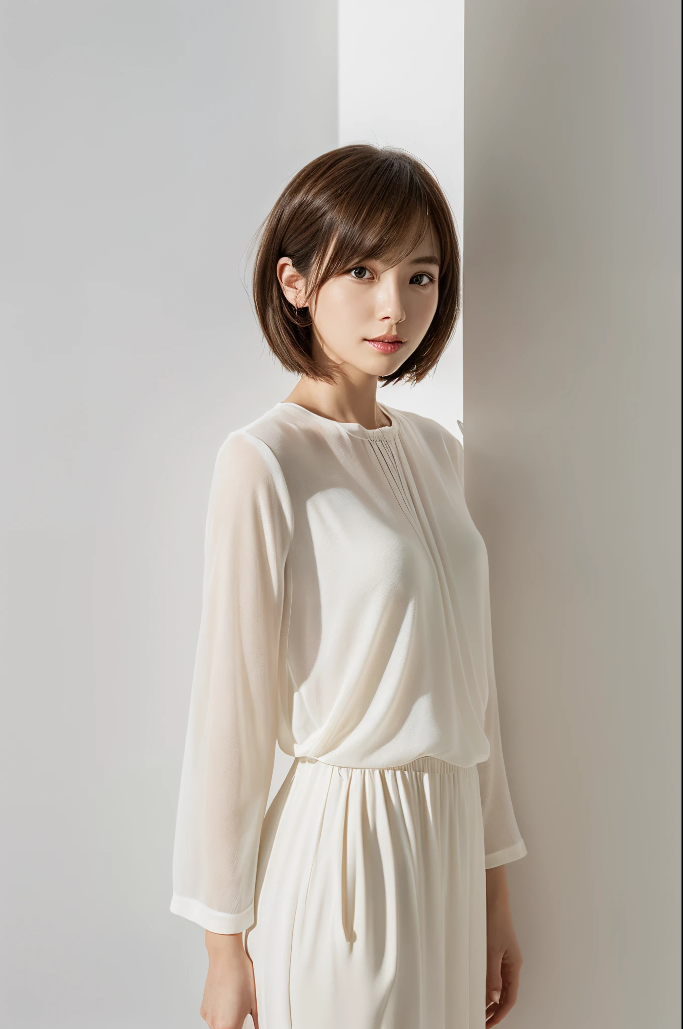 (((Ultra-high resolution、close、Cute Japanese Woman)))、length, Straight black hair frames her face、So that every single hair is clearly visible、Depicts subtle color changes depending on the amount of light hitting the subject、The skin is white and smooth、Has a natural glow、Fine skin、毛穴のExpressing every detail、amountや頬に薄い赤みがある部分を詳細に、The eyes are almond-shaped、It is dark brown.、Iris detail、Expressing color gradations and patterns、length, Natural Eyelashes, Each is visible、well-groomed eyebrows、personal々The hair is clearly visible、Light reflects off the eyes、Create small highlights、noseは繊細で、nose孔の細かいディテールがある、Lips are plump and naturally pink、Draws fine lines and soft curves of the lips、Shiny、Accentuate the shape、Detailed depiction of lip texture、Special attention is paid to the depiction of light and shadow.、Soft natural light gently illuminates your face from the front、amount、nose、Gives cheeks a subtle glow、The shadows are softly cast along the contours of the face.、cheekbone、Jaw Curve、noseの側面を強調、The gloss on her lips reflects the light faintly..、Emphasizes plump texture、The shadows in the hair add depth and dimension.、personal々Hair sparkles in the light、The background is simple and blurry.、Focus on the face、With the highest quality、Expressing every detail