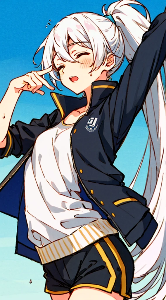 Yoisaki Kanade, black jacket, blue jacket, breasts, closed eyes, hair between eyes, high ponytail, jacket, long hair, several girls, open mouth, ponytail, shorts, side locks, small breasts, sportswear, sweat, drop of sweat, two tails, white hair, flat chest, erotic cute