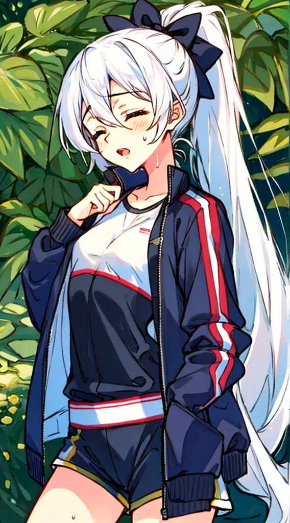 Yoisaki Kanade, black jacket, blue jacket, breasts, closed eyes, hair between eyes, high ponytail, jacket, long hair, several girls, open mouth, ponytail, shorts, side locks, small breasts, sportswear, sweat, drop of sweat, two tails, white hair, flat chest, erotic cute