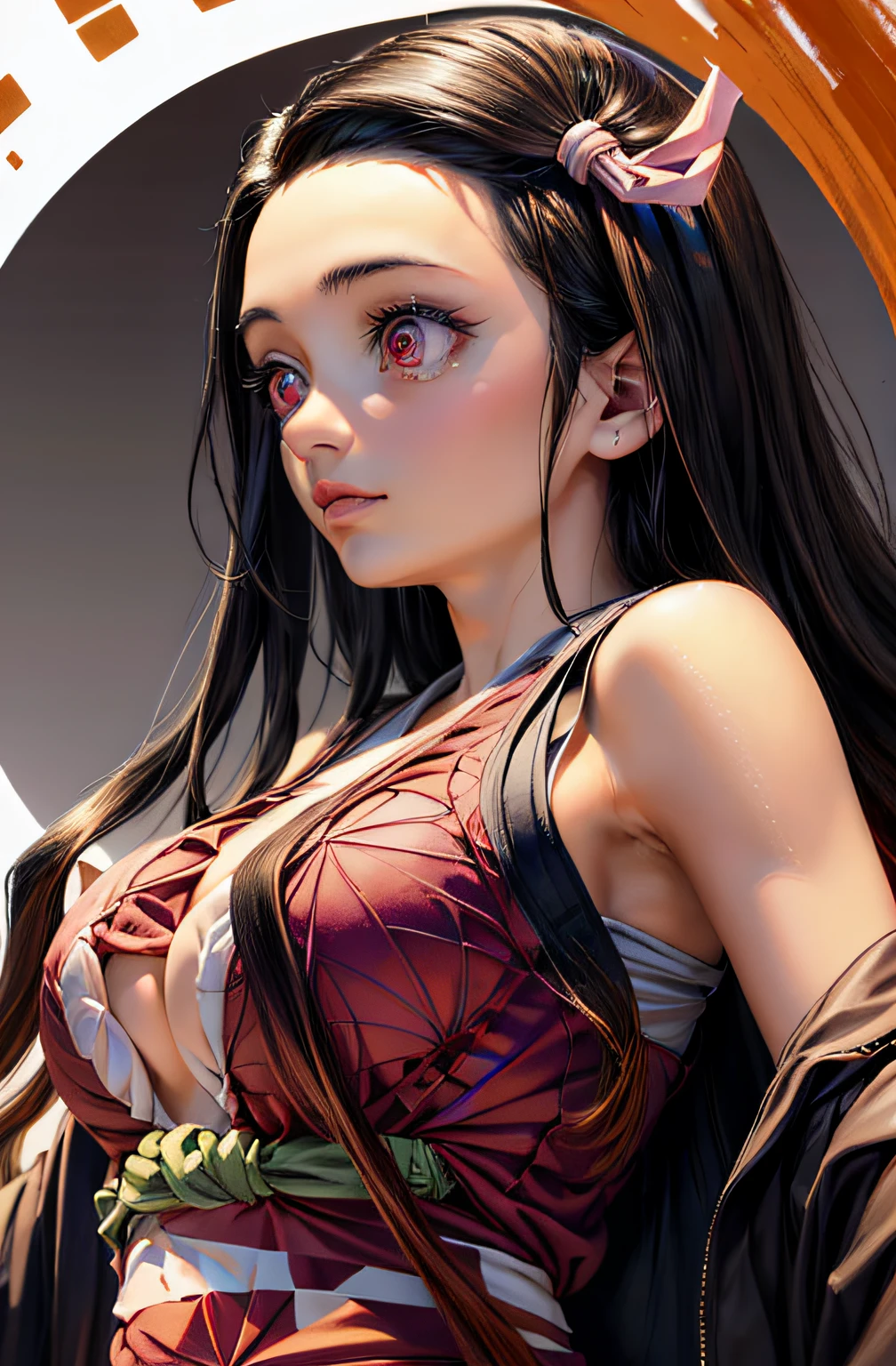 (Ultra Real), (Illustration), (High Resolution), (8K), (Very Detailed), (Best Illustration), (Beautiful Detailed Eyes), (Best Quality), (Ultra Detailed), (Masterpiece), (Wallpaper), (Detailed Face),Red Eyes, Night Up Upper Body, Ice Cream,Long Hair,Solo,Simple Kimono Top Girl, Sweaty, Japan Person, Big Tits, (Camel Toe) Nezuko Kamado, Flirty Smile, Adult Nezuko Kamado.