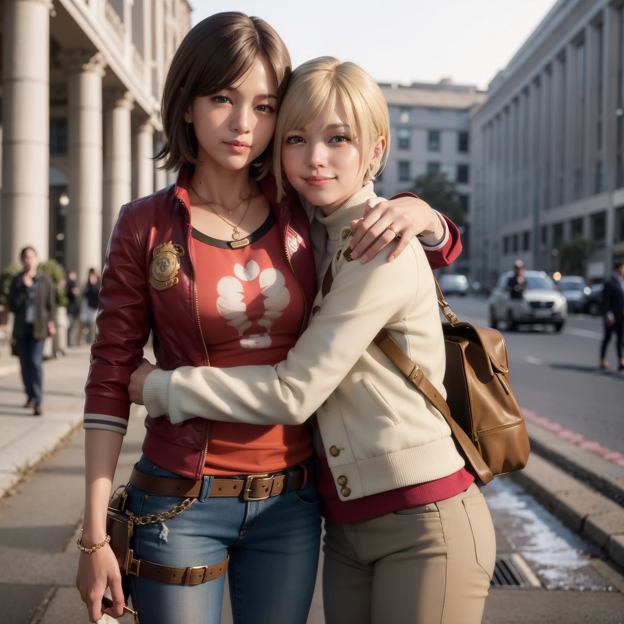 Smile, girl, wearing white jacket, cream pants, blonde bob hair