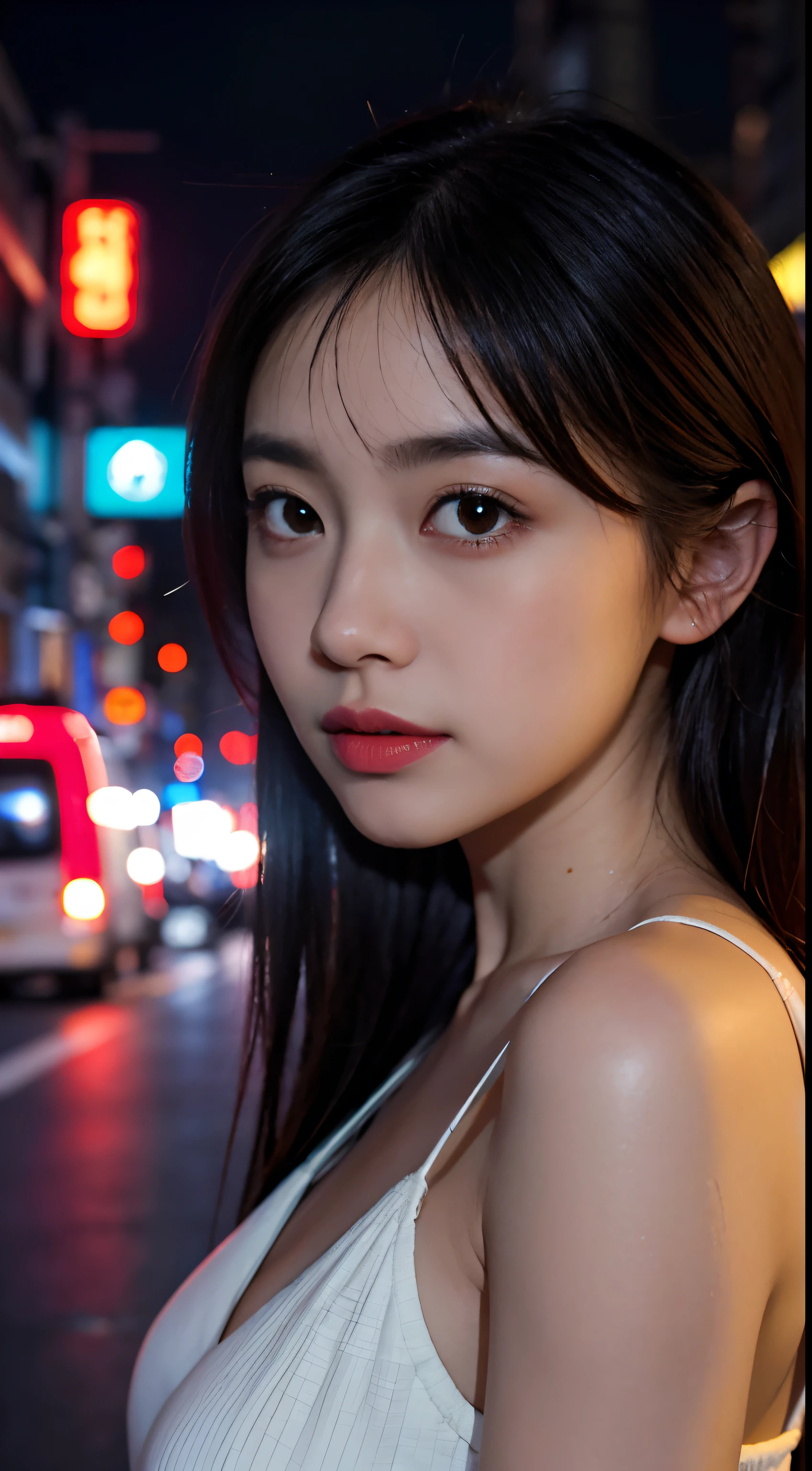 1girl, Tokyo street,night, cityscape,city lights, upper body,close-up, 8k, RAW photo, best quality, masterpiece,realistic, photo-realistic,