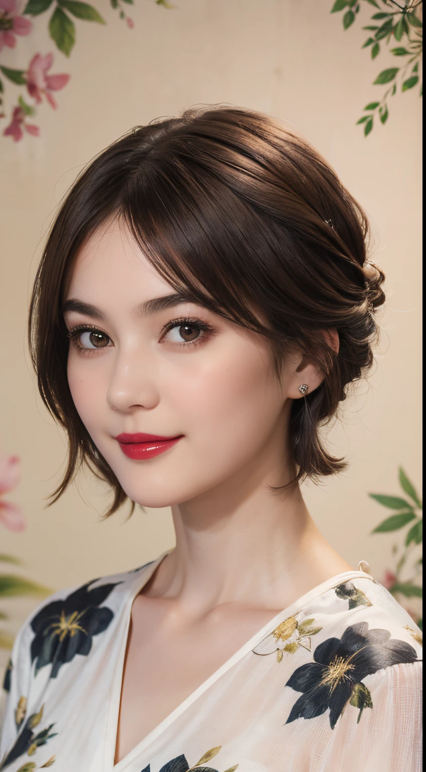 109
(a 20 yo woman,is standing), (A hyper-realistic), (high-level image quality), ((beautiful hairstyle 46)), ((short-hair)), (Gentle smile), (Keep your mouth shut), (lipsticks), (brest:1.1), Floral clothing