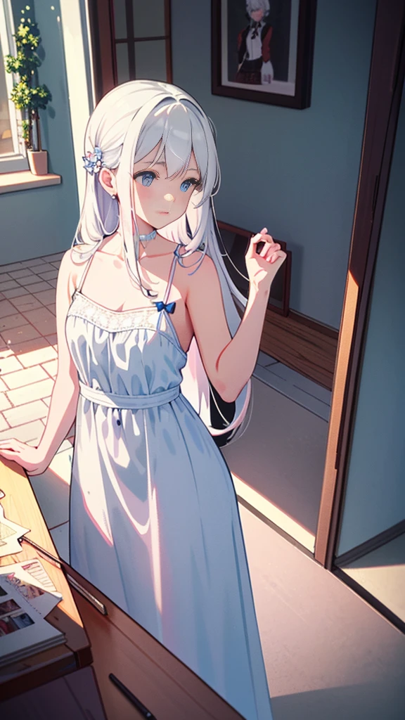 fullnude、Girls in a courtyard, cute bow, (pubic hair), shy small smile, (FLATCHESTED:1.3)、flat chest, superflat chest, (one embarrassed girl naked: 1.3), (fully clothed girl holding naked girl:1.3), one embarrassed girl naked and second girl in sundress, zero breast size, blunt bangs, red-haired girl with two long braids and the second girl is blonde with two ponytails, Shiny hair, Delicate beautiful face, White skin, Beautiful cloud, Dusk sky, rural girl, sundress