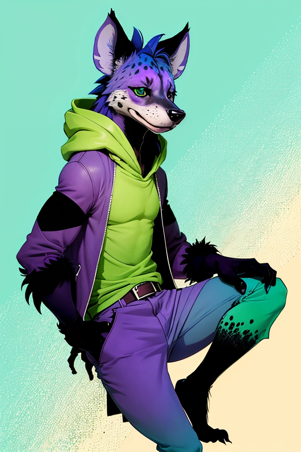 purple, teal, and green, anthropomorphic hyena in cute cartoon style