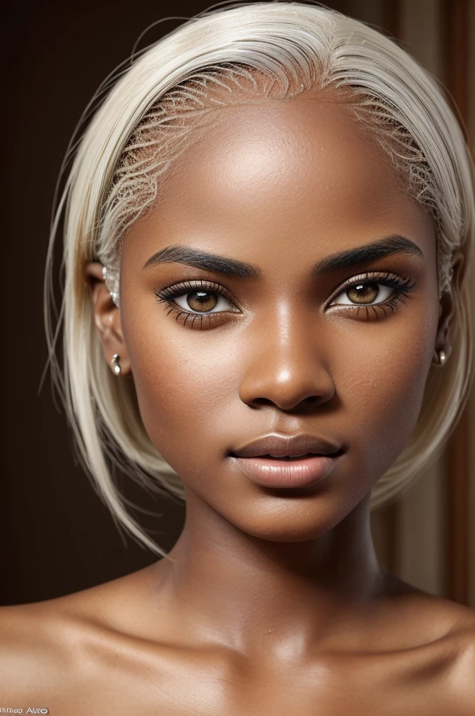 A selfie of an attractive ((brown skin young woman ))she is beautiful and petite ((lifelike skin texture) )((very detailed image )) she has a petite figure ((stunning eyes and a sharp nose)) a perfect ((blonde white hair)) UHD, a Masterpiece,Realistic textures,(( hyper-realistic)), 8k, photorealistic, XT3 grain,Fujifilm((ines c dos santos))