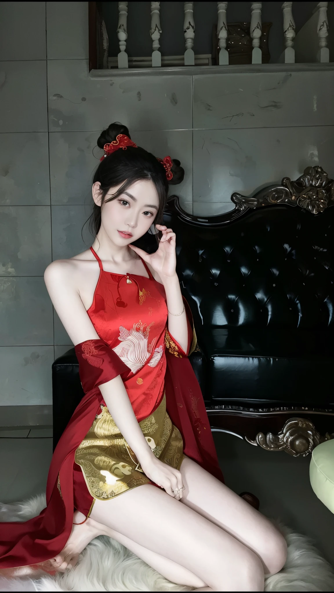 Araf woman in red dress sitting on sofa, wearing red cheongsam, Chinese style, china idol, On the cheongsam, Central Plains Universe, High quality clothing, Matches ancient Chinese costumes, full body xianxia, Chinese traditional, this custom, ChineseGirl, Anime girl role play, sha xi, gorgeous chinese models