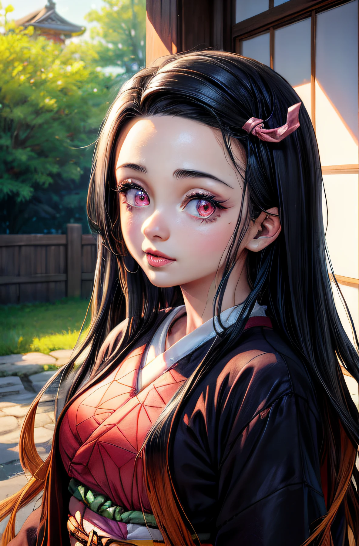 (Ultra Real), (Illustration), (High Resolution), (8K), (Very Detailed), (Best Illustration), (Beautiful Detailed Eyes), (Best Quality), (Ultra Detailed), (Masterpiece), (Wallpaper), (Detailed Face),Red Eyes, Night Up Upper Body, Ice Cream,Long Hair,Solo,Simple Kimono Top Girl, Sweaty, Japan Person, Big Tits, (Camel Toe) Nezuko Kamado, Flirty Smile, Adult Nezuko Kamado.