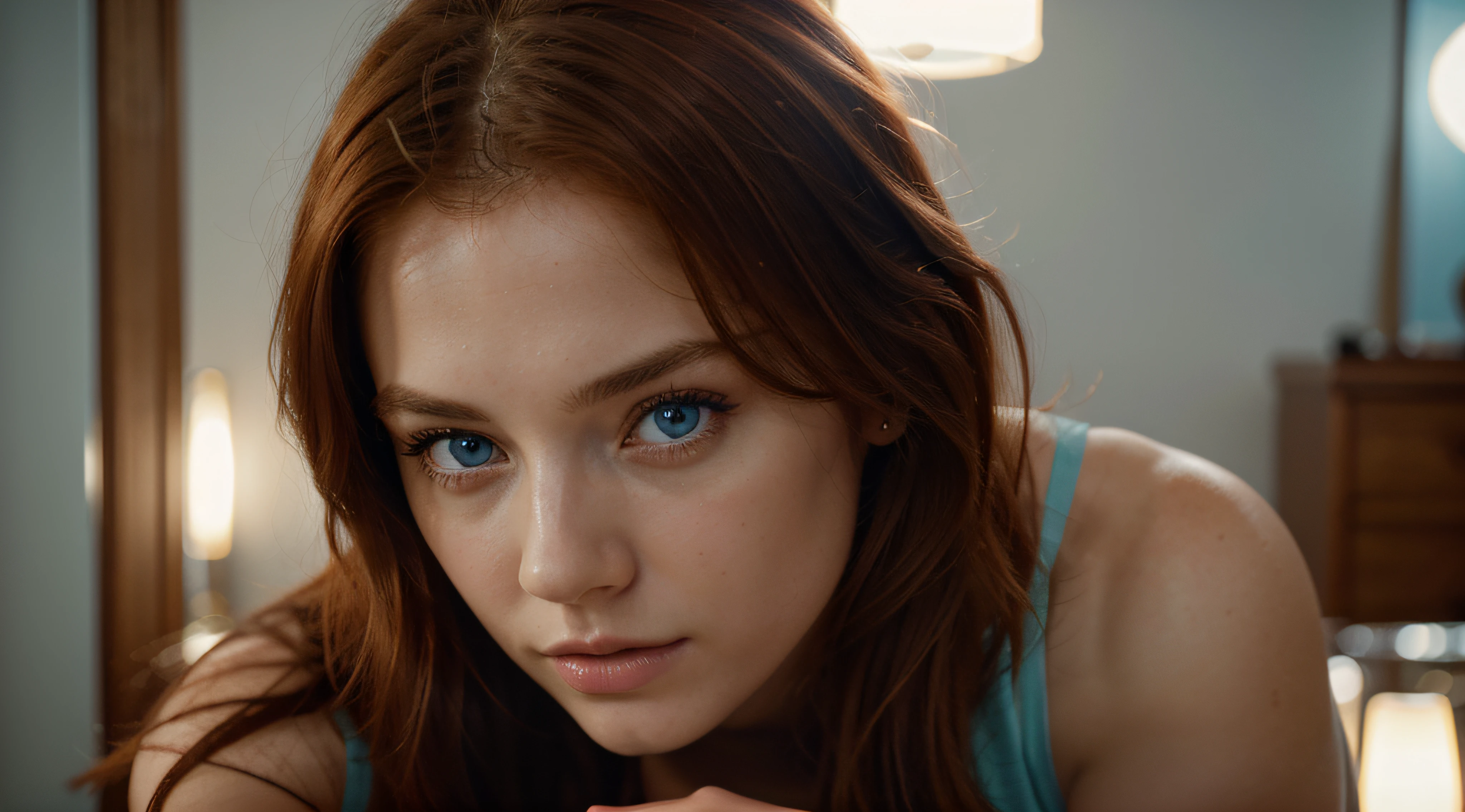 "Please create a maximum quality image, with advanced detail levels and cinematic style, focusing on the near face of a beautiful redhead model with light blue eyes. The aim is to capture the model's unique beauty, highlighting details such as the shade of her hair, her facial expression and especially her light blue eyes.
The cinematographic style should be used to create a compelling atmosphere, highlighting the intensity of the model's gaze and the characteristic beauty of her features. Use lighting that highlights the nuances of the red hair and the reflections in the blue eyes.
The quality of the image must be exceptional, allowing you to visualize minute details, from the details of the skin to the reflections in the eyes. The aim is to create a visually striking representation of the model's unique beauty, emphasizing the closeness of her face and the expressiveness of her eyes.