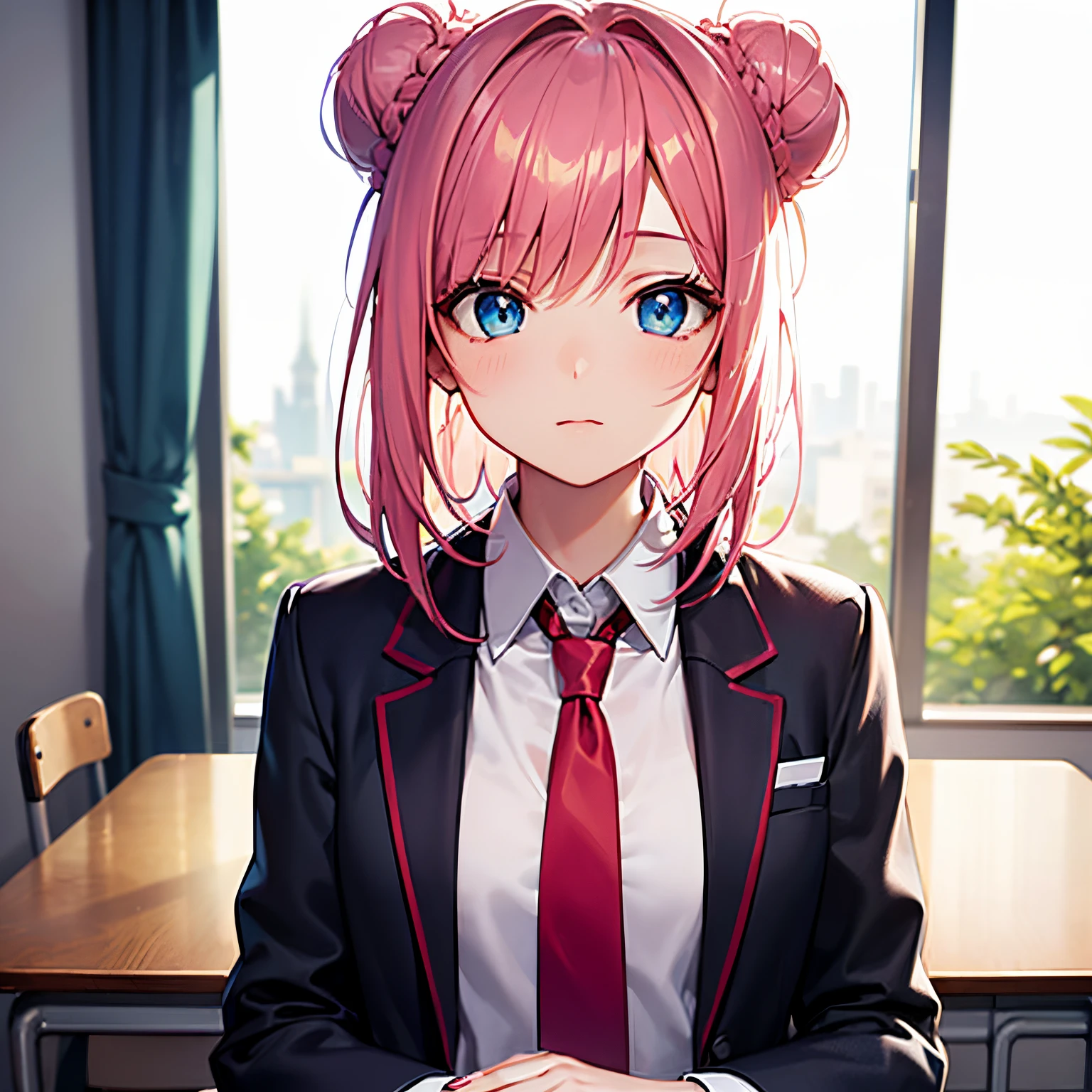 (​masterpiece、top-quality)、Black Blazer、White blouses、Blue tie、student clothes、Bun hair、Blue eyes、Pink hair、Blurred foreground,Gogeta,17 years old girl,Wearing modern clothes,Beautiful eyes and face,Cool hairstyle, Bun hair with bangs that cover the face, A pink-haired, Childhood expressions,Confident poses,Classroom background,Soft light、Artistic portrait,digitial painting,ultra-detailliert,Haute,Physically-based rendering,school  background、Studio Lighting,foco nítido,Bokeh,Photorealista.