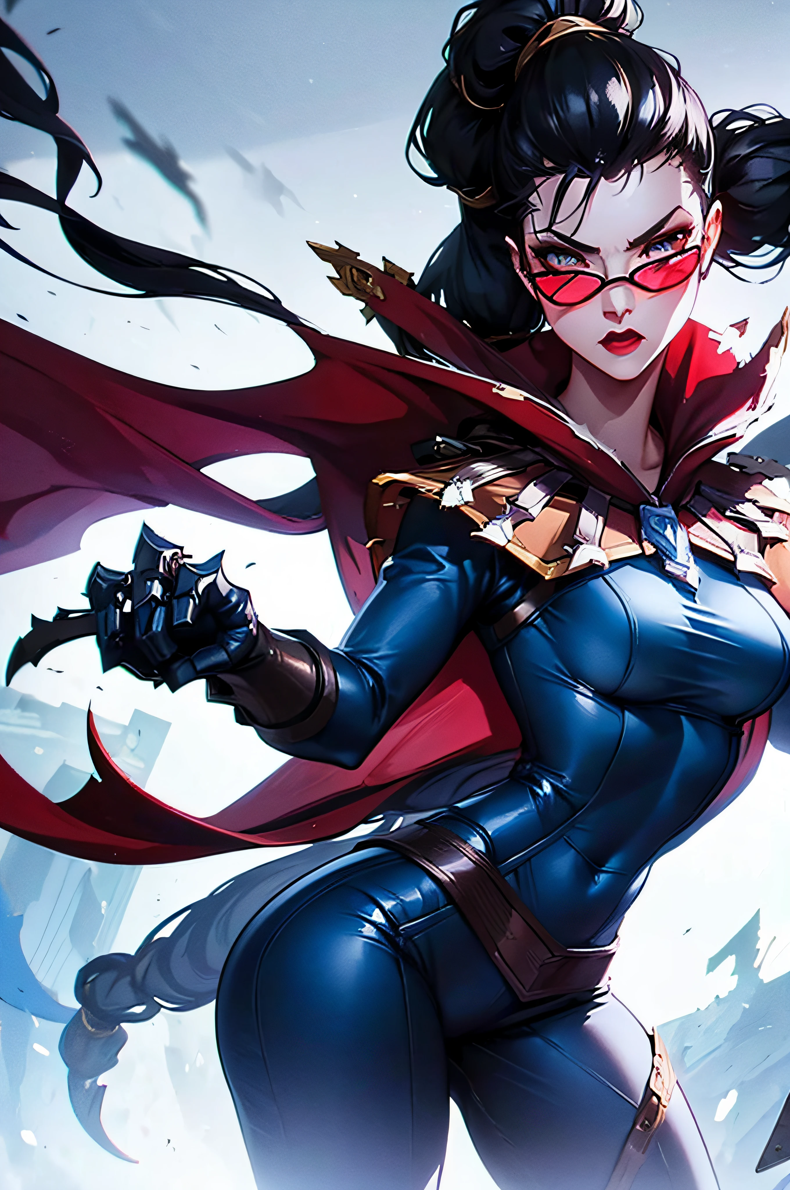 (masterpiece), best quality, expressive eyes, perfect face, vayne, 1girl, solo, long hair, black hair, gloves, ponytail, cape, sunglasses, ruin background, standing, portrait, looking at viewer, from frontal