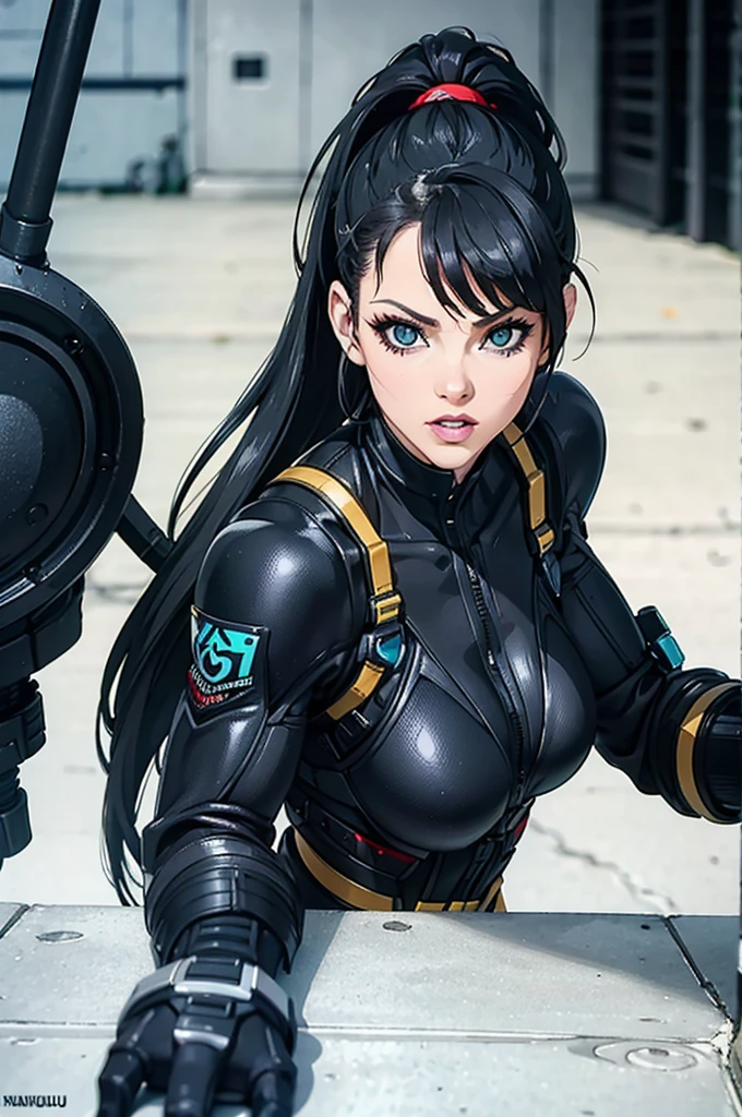 (cabello despeinado), (illustration), retrato, (fondo de ciudad futurista), (arms behind back), Cintura delgada, gran sonrisa, abdominales fuertes, chica delgada, strong abs, muscle girl, front pose, big thighs, focus on face, flat chested, large city background, blue hair, red eyes, skirt, sit on rock, detailed vagina, nude, heavy armor suit