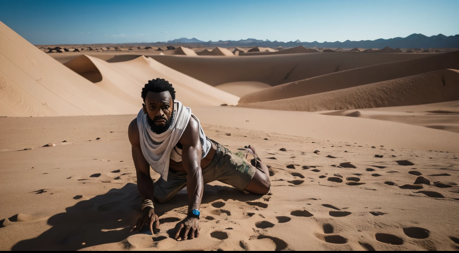 Man lying on the ground, with Indian arrows piercing the back, em uma ilha deserta, fallen man, homem cor de pele branca, dress pants, camisa branca, flechas perfurando as costas, arrows piercing the head 