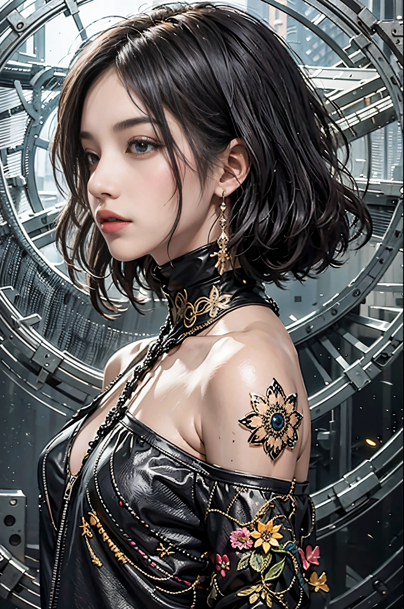 official art, unity 8k wallpaper, ultra detailed, beautiful and aesthetic, beautiful, masterpiece, best quality, (zentangle, mandala, tangle, entangle), (ecstasy of metal flower:1.2), dynamic angle, cowboyshot, the most beautiful form of chaos, elegant, a brutalist designed, vivid colours, romanticism, atmospheric,shoulder length straight black bob hair,small head,small face,small breasts,slim,thin