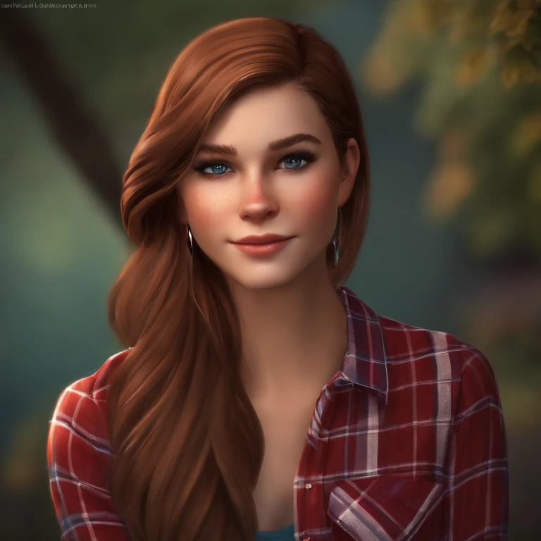 Rachel is a age girl with straight light brown hair, green eyes, cat-eye eyeliner, wears a red flannel and a blue feather earring,Life is Strange,Rachel is a teengirl with straight light brown hair, green eyes, cat-eye eyeliner, wears a red flannel and a blue feather earring,face,photo