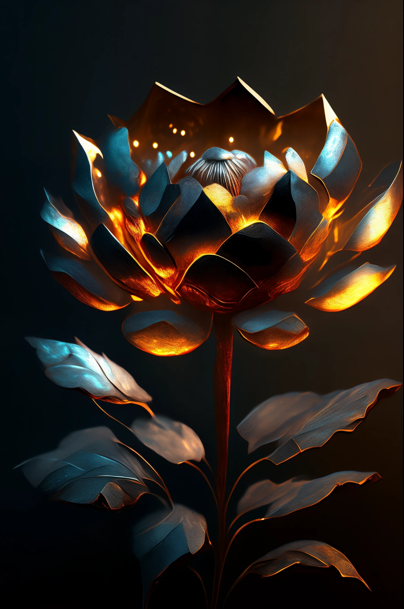 metal Peony flower, super transparent, holy light, beautiful spectrum light, petals glowing, shimmering, dark background, transparent light drops, reflected light, bright, light streaming in, optical, portrait silhouette, sharp focus, magical, intricate, hyper-realistic, fantasy, composition, light, artstation trend, pearl, patron saint cloud of silver steam, corroded surround ray family, 8k, real ar 23v4 uplight