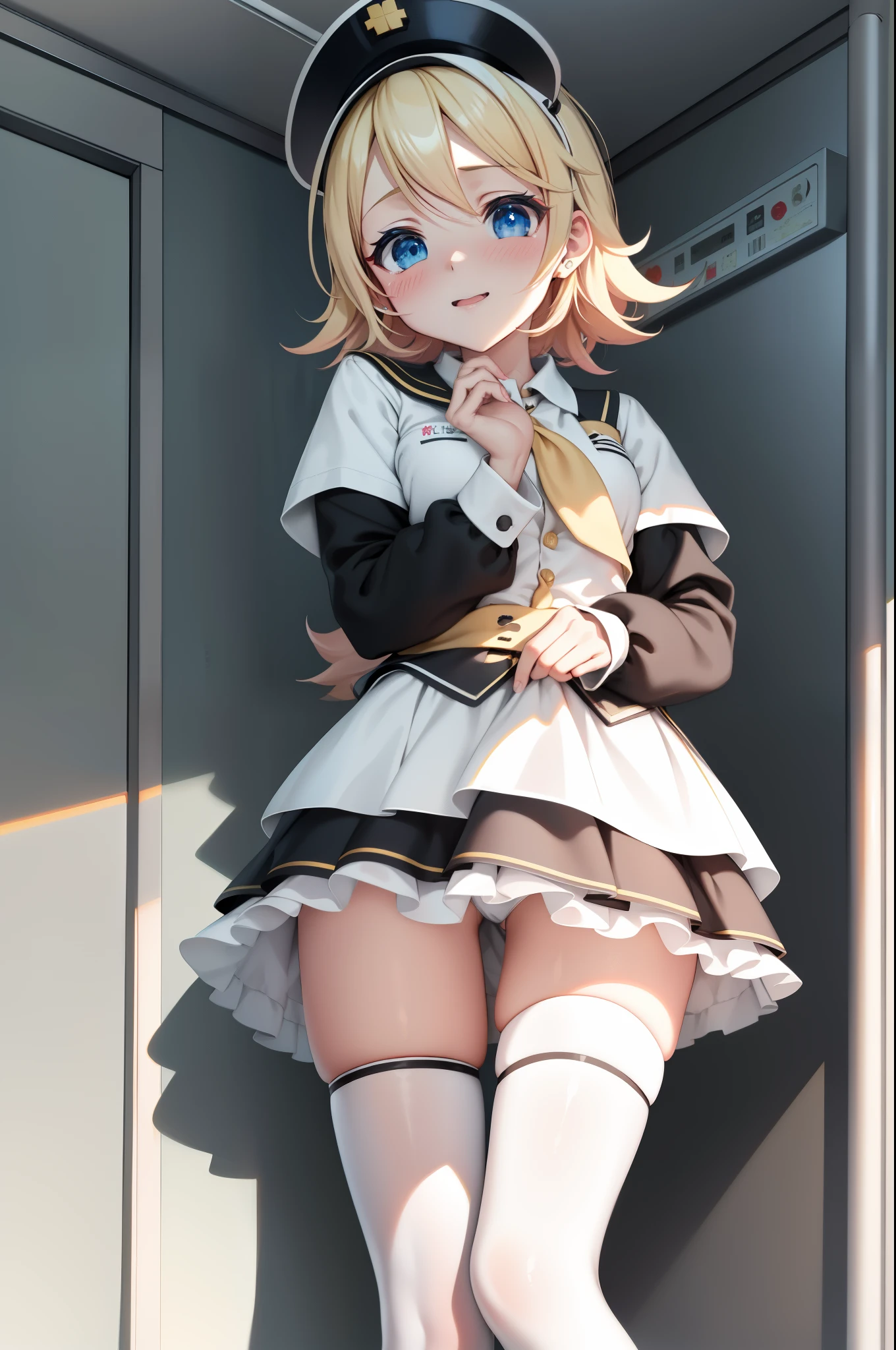 Kagamine rin , 1girl, traje de enfermera, Gorra de enfermera, Desgaste blanco, ((Legwear blanco, Zettai Ryouiki)), Guantes blancos, cabello rubio, ojos azules, labios rosados, They are smiling, En pie, ((hospital room)), sharp outline, manga corta, La mejor calidad, Obra maestra