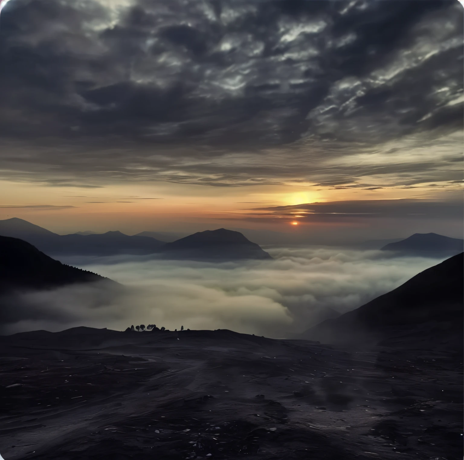 Similar style pictures,setting sun,Dim background,The mountains are shrouded in clouds and mist