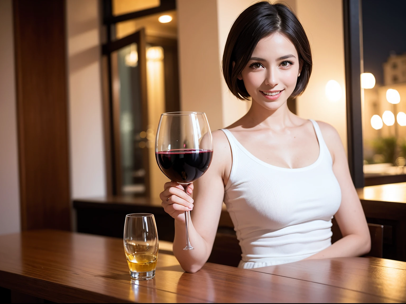 (64K, UHD, top quality, masterpiece: 1.2), (realistic, photorealistic: 1.37), super detailed, pretty woman 1 person, (slim face), (slim body), (brown hair), (short cut), cheeks slightly blushing, (35 years old), 38 years old, solo, beautiful detailed urban night view outside the window, restaurant, wine glasses sit, at night, in a prominent place (from the waist up) NovaFrogStyle, Actress, Model, Waist Up, White Wine, Slim, Wine Glass, Super Clean Night View, Wine Glass Put in the Middle, Happy Smile, (Smile: 1.15), Beautiful Fine Eyes, Upper Body, Bust Japan Up, Night, Short, Short, Actress, Model, Waist Up, White Wine, Slim, Wine Glass, Super Clean Night View, Wine Glass Put in the Middle, Happy Smile,