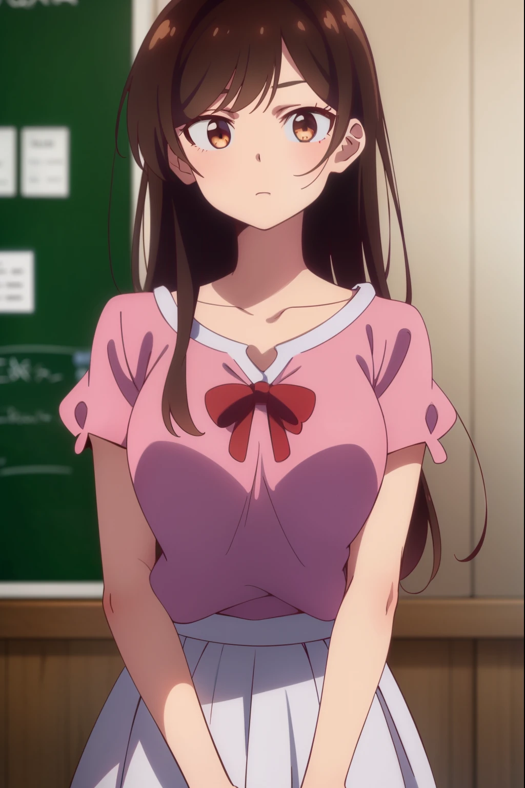 ChizuruMizuhara,1girl, half updo, straight hair, long hair, side ponytail, ,blazer,open clothes,collared shirt,striped bowtie,sweater vest, plaid pleated miniskirt, black socks loafers, closed eyes, :o, school, sad eyebrows, (without clothes:1.9), (girl rides on top of guy perfectly:1.3), (girl having sex:1.9)