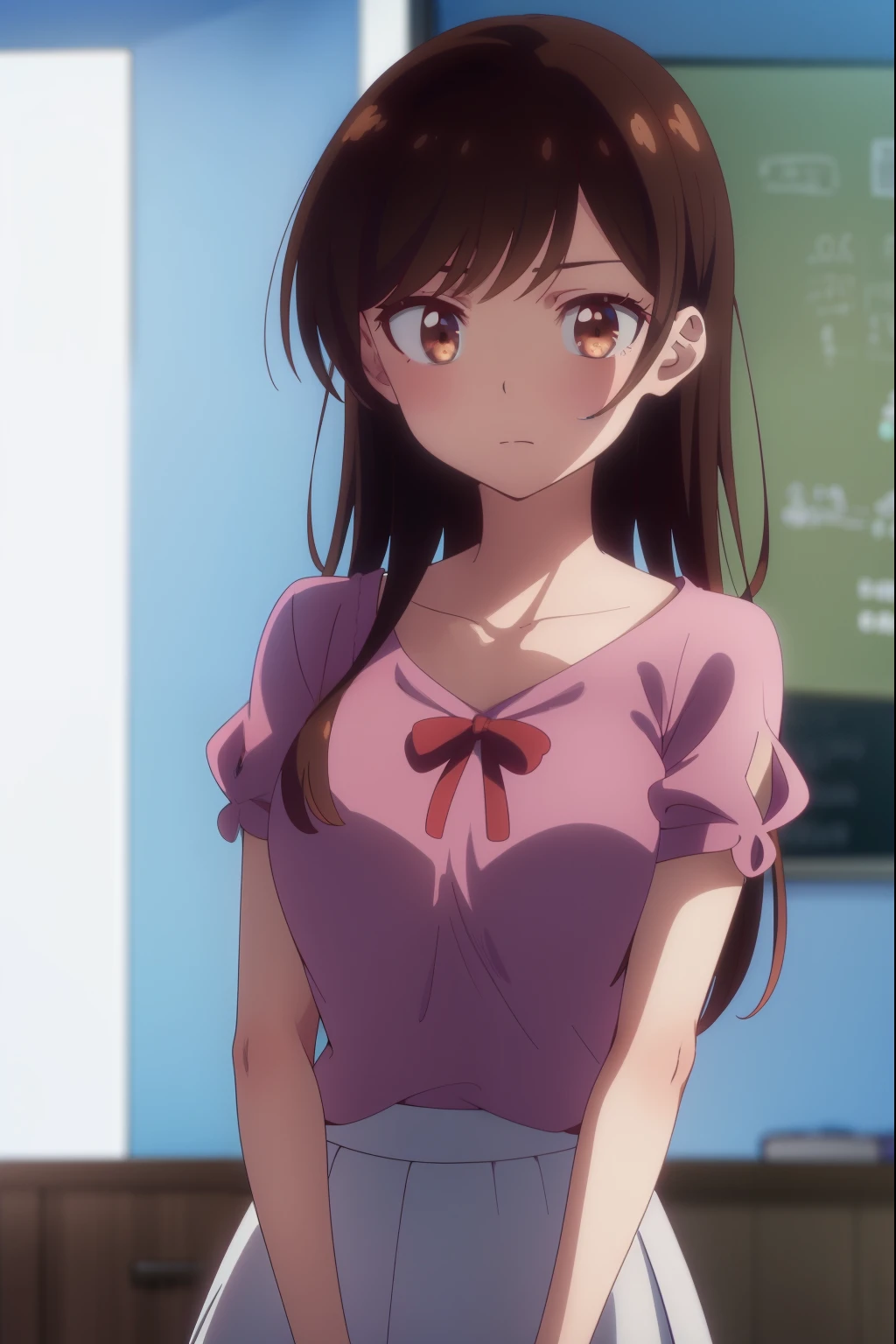 1girl, alone, Mizuhara Chizuru, (brown eyes: 1.5), brown hair, long hair, (one side up: 1.2), BREAK bare shoulders, clavicle, Pink shirt, puffy short sleeves, puffy sleeves, red bow, shirt, short sleeve, skirt, white skirt, REST indoors, classroom, REST looking at the viewer, BROKE (Masterpiece:1.2), Best Quality, High Resolution, Unity 8K Wallpaper, (artwork:0.8), (Beautiful Detailed Eyes:1.6), Extremely Detailed Face, Perfect Lighting, Extremely Detailed CG, (Perfect Hands , Perfect anatomy),