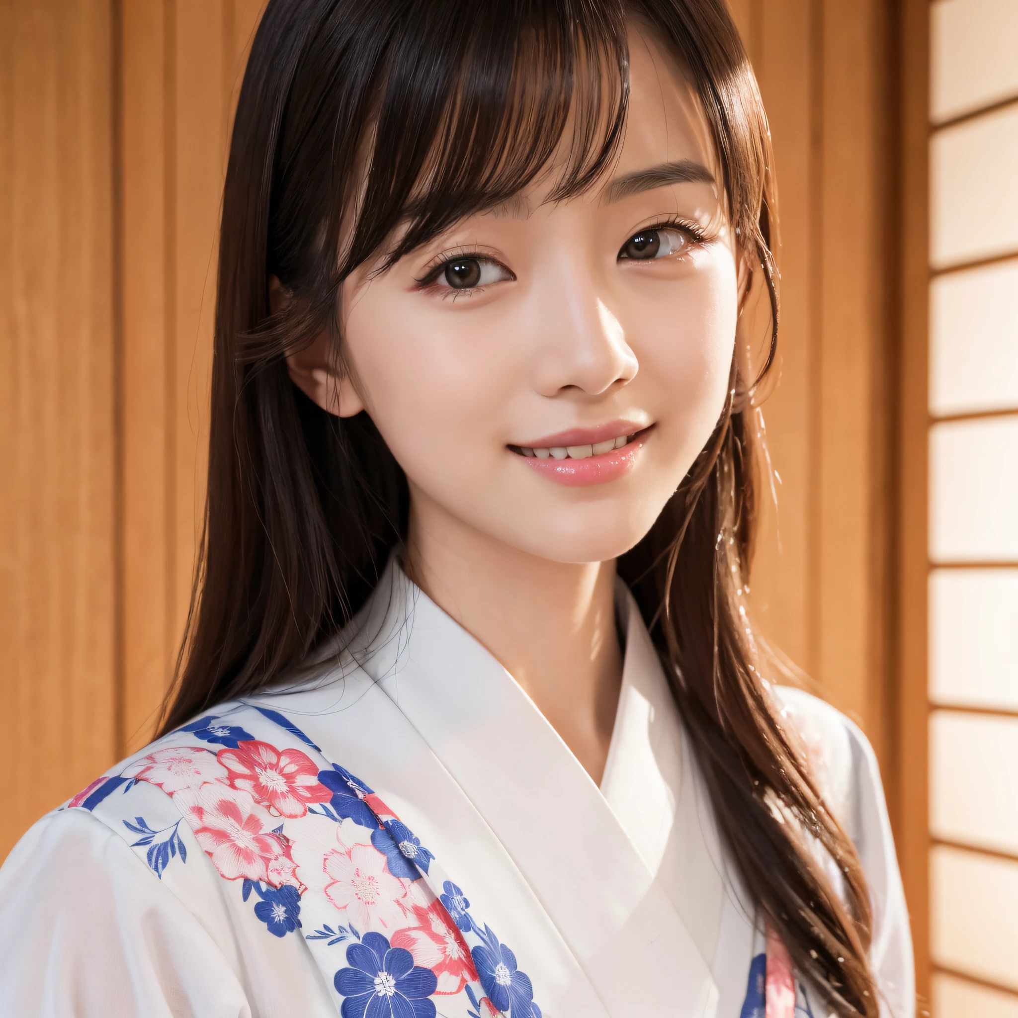 Beautiful woman in neat Japanese clothes、((best qualtiy、8k masterpieces:1.3))、foco nítido:1.2、(ultra beautiful faces:1.0)、(shinny skin:1.0)、photos realistic、A dark-haired、Video Lighting、High-definition eyes and face、Video Lighting、Japan Idol Actress、from the front side、medium breasts、Smile、Slender Abs Beauty、Whole body、In furisode