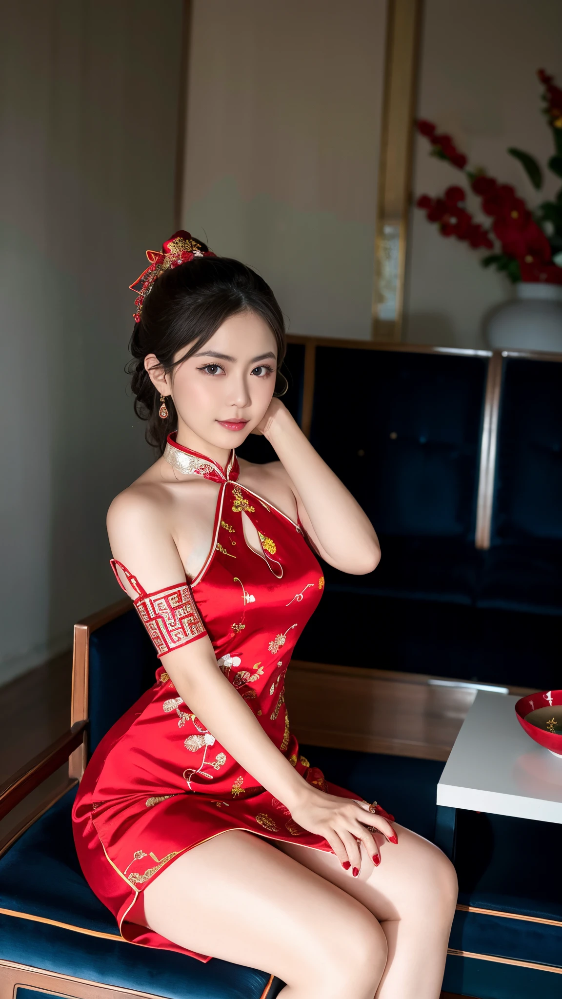 Araf woman in red dress sitting on sofa, wearing red cheongsam, china idol, china idol, On the cheongsam, Central Plains Universe, High quality clothing, Matches ancient Chinese costumes, full body xianxia, Chinese traditional, this custom, ChineseGirl, Anime girl role play, sha xi, gorgeous chinese models
