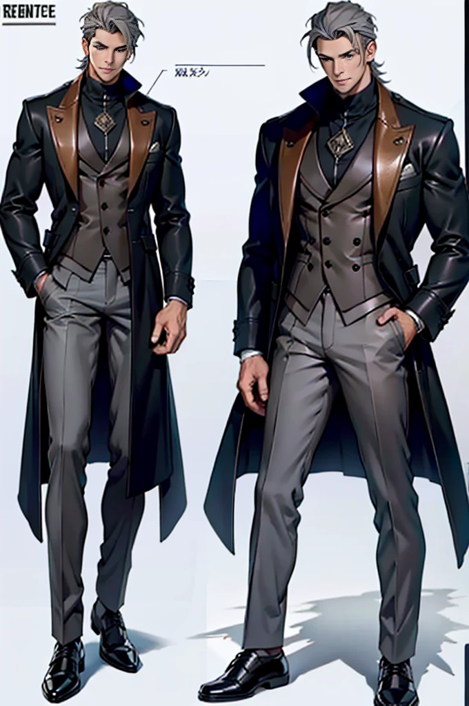 reference sheet：1.8，super detailing，high high quality，tmasterpiece，a tall boy，Handsome face，Short black coat，Gray trousers，British leather shoes，American style，