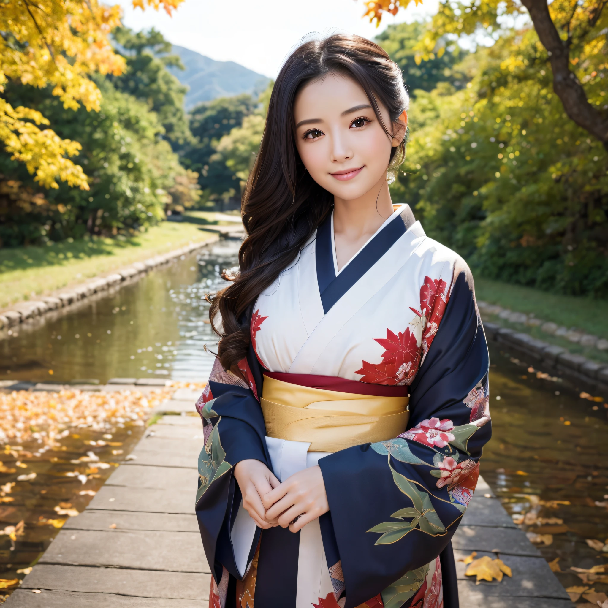 (Super beautiful woman in kimono)、((best qualtiy、8k masterpieces:1.3))、foco nítido:1.2、(ultra beautiful faces:1.0)、(shinny skin:1.0)、photos realistic、A dark-haired、Video Lighting、High-definition eyes and face、Video Lighting、Japanese actressl、from the front side、medium breasts、With a happy smile、wearing kimonos、Under the autumn leaves、highest grade obi