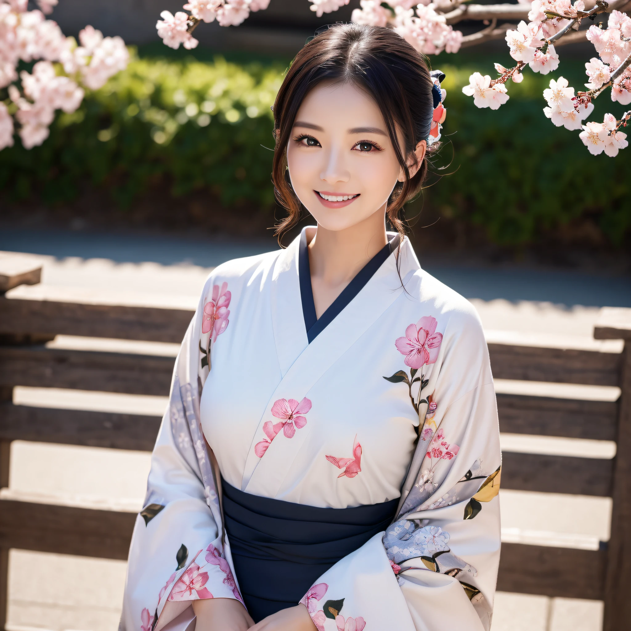 (Super beautiful woman in kimono)、((best qualtiy、8k masterpieces:1.3))、foco nítido:1.2、(ultra beautiful faces:1.0)、(shinny skin:1.0)、photos realistic、A dark-haired、Video Lighting、High-definition eyes and face、Video Lighting、Japanese actressl、from the front side、medium breasts、With a happy smile、Slender Abs Beauty、Whole body、wearing kimonos、cherry blossom in full bloom、luxury obi