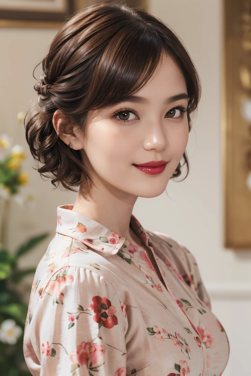 109
(a 20 yo woman,is standing), (A hyper-realistic), (high-level image quality), ((beautiful hairstyle 46)), ((short-hair)), (Gentle smile), (Keep your mouth shut), (lipsticks), (breasted:1.1), Floral clothing