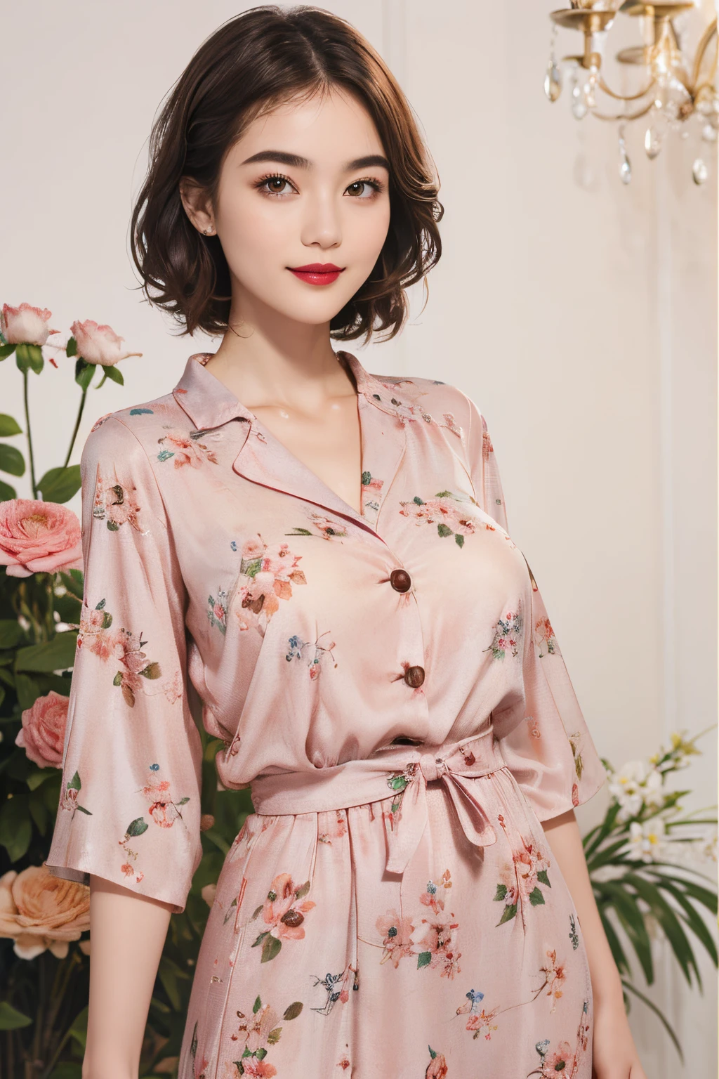 109
(a 20 yo woman,is standing), (A hyper-realistic), (high-level image quality), ((beautiful hairstyle 46)), ((short-hair)), (Gentle smile), (Keep your mouth shut), (lipsticks), (breasted:1.1), Floral clothing