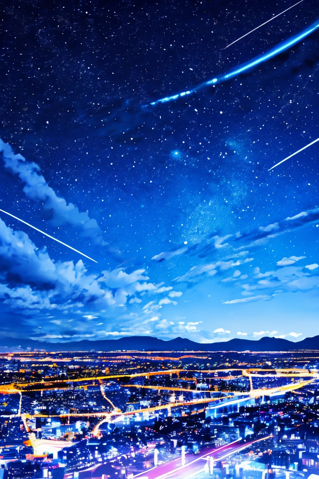 starry sky, rain, comic, highres, outdoors, landscape, blurry, skyscraper, mountain, full moon