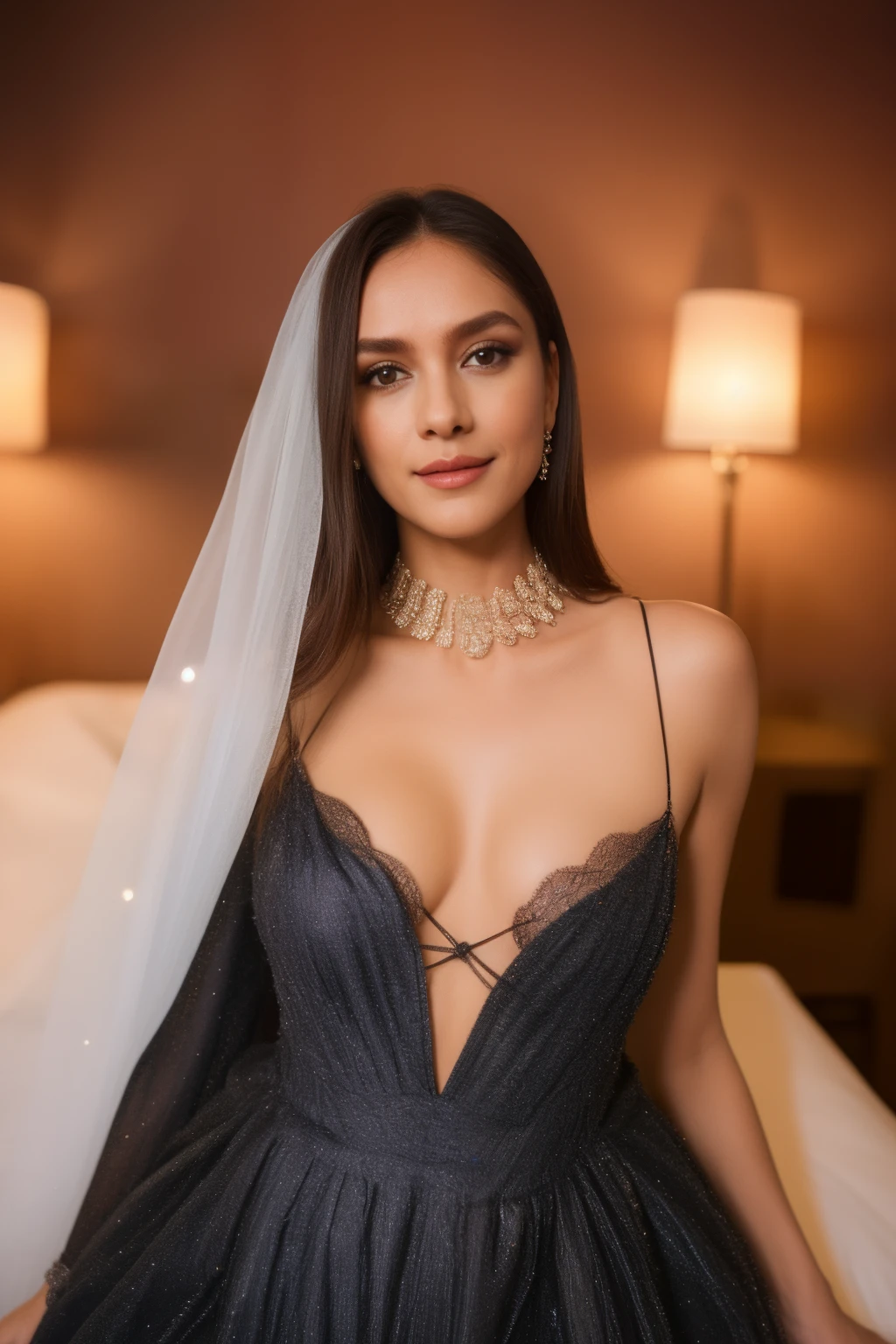 cena do dia, foto aproximada de uma princesa sexy, deitado em uma cama em um reino, bochechas grandes, vestido super elegante com seios bem abertos, Accessories, Brincos, colar, erotic face, 30 I, rabo-de-cavalo, Olhe para o espectador e sorria, (cinemactic:1.3), detalhes intrincados, (art-station:1.2)